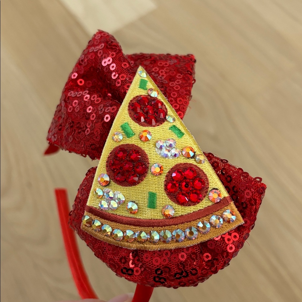 Red Sequin Bow Pizza Headband for Children - Picture 3 of 4